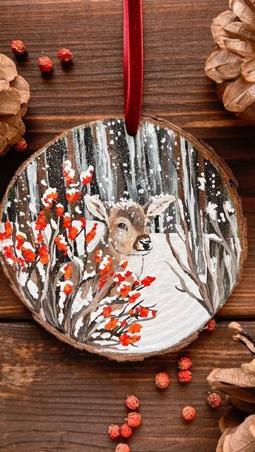 Elena | handmade animal figurines 🦔 on Instagram: "It’s never too late to prepare for Christmas☃️🎄Hand-painted wooden ornaments are ready to find loving homes and are available for purchase on our website🥰" Reindeer Painted Ornaments, Wood Christmas Ornaments Diy, Wood Slice Ornament Ideas, Painted Wooden Christmas Ornaments, Christmas Wooden Ornaments, Disc Art, Painting Ornaments, Prepare For Christmas, Christmas Details