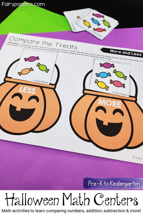 Halloween Math Center Activities Preschool Halloween Centers, Halloween Math Centers Kindergarten, Halloween Math Activities Preschool, Halloween Number Activities, Kindergarten Halloween Math Centers, Jacko Lanterns, Halloween Literacy Centers, Halloween Kindergarten Activities, Math Centers For Kindergarten