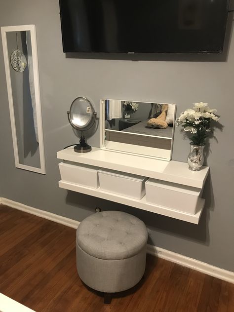 Floating Make Up Vanity, Tv Wall Decor Bedroom Small Spaces, Small Bedroom Tv Wall, Ikea Lack Shelf Ideas, Fashion Wall Art Bedroom Decor, Bulkhead Bedroom, Ikea Small Bedroom, Lack Shelves, Small Bedroom Style