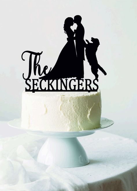 Simple Wedding Cake With Dog Topper, Wedding Topper With Dog, Wedding Cake Topper Dog, Cake Topper With Dog, Wood Cake Topper Wedding, Wood Wedding Cakes, Dog Wedding Cake Topper, Labrador Silhouette, Silhouette Dog