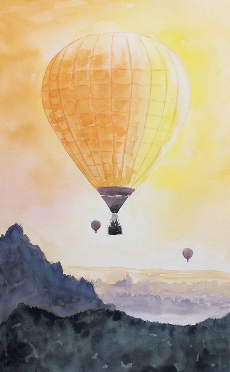 Hot Air Balloon Painting Acrylic Easy, Hot Air Balloons Painting, Hot Balloon Drawing, Watercolour Hot Air Balloon, Painting Hot Air Balloon, Ballon Painting, Hot Air Balloon Painting, Hot Air Balloon Watercolor, Watercolor Hot Air Balloon