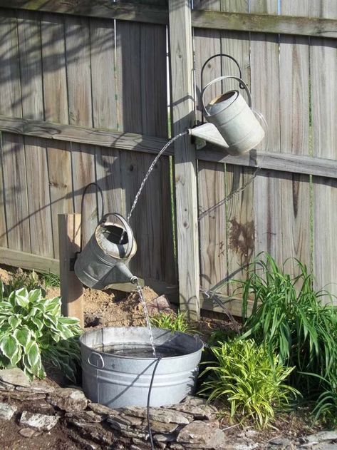 Whimsical Floating Watering Cans Water Feature #diy #waterfeature #backyard #garden #decorhomeideas Diy Solar Fountain, Diy Water Feature, Diy Water Fountain, Outdoor Water Features, Garden Water Fountains, Small Water Features, Diy Garden Fountains, Diy Fountain, Solar Fountain