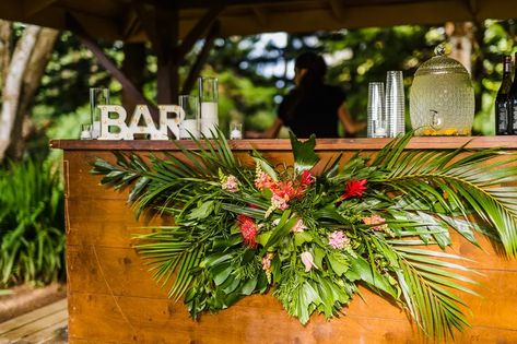 Tropical Bar Ideas, Palm Leaf Arrangement, Havana Nights Party Theme, Wedding Drink Sign, Tropical Centerpieces, Pink And White Weddings, Carved Wood Signs, Luau Birthday, Drink Signs