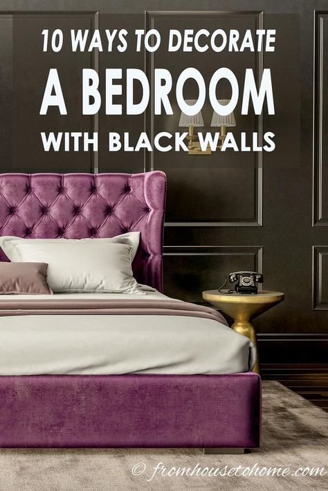 Love these decor ideas for black bedroom walls. Great inspiration for different color schemes, but I really love the ones with white trim and painted ceilings. #fromhousetohome #bedroom #bedroomideas #bedroomdecor #decorating #decoratingideas Black Bedroom Walls, Bedroom Bookcase, Black Walls Bedroom, Dramatic Bedroom, Painted Ceilings, Black Bedroom Design, Black Bedroom Decor, Bookshelves In Bedroom, Black Rooms