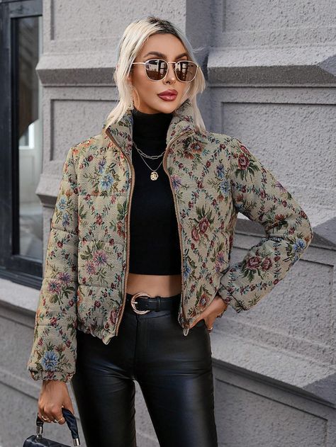 SHEIN LUNE Floral Print Zip Up Quilted Coat | SHEIN USA Raglan Sleeve Jacket, Khaki Fashion, Floral Jacket, Print Coat, Closet Space, Quilted Coat, Fabric Floral, Winter Coats, Jacket Pattern