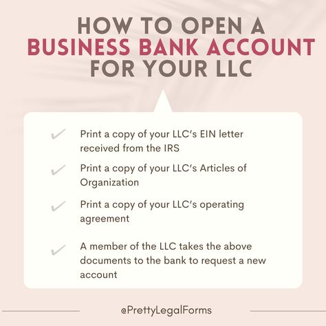 Ready to open your LLC's business account? Gather essential docs like EIN letter, Articles of Organization, and operating agreement. Have an LLC member take these to the bank for account setup. Don't forget to check out @prettylegalforms for more legal insights, tips, and contract templates to support your small business. Articles Of Organization Llc, How To Obtain An Llc, Operating Agreement Llc, How To Pay Yourself As An Llc, Best Banks For Small Business, Llc Business Name Ideas, How To Open A Business, How To Start An Llc, Llc Hacks