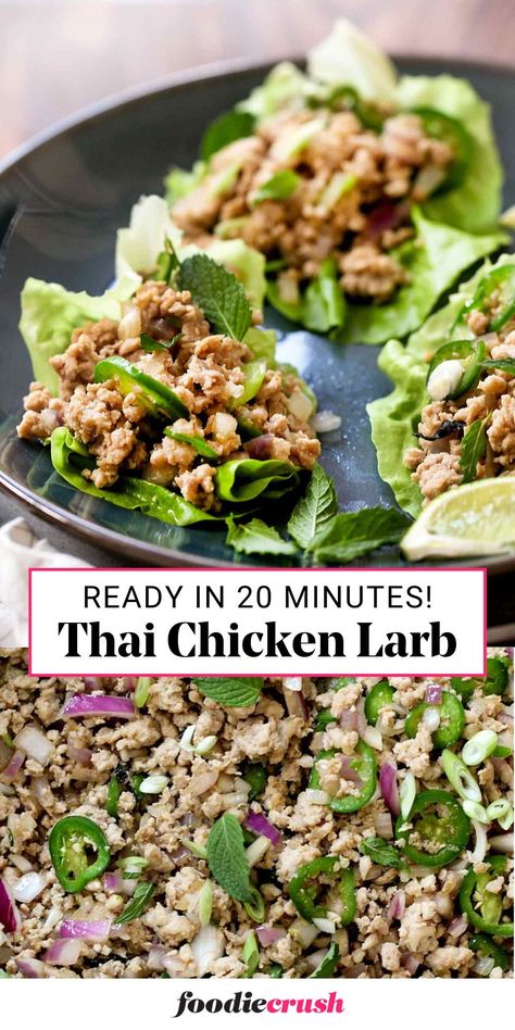 Looking for a quick and healthy meal? Try my Quick & Healthy Thai Chicken Larb Recipe Tonight! Loaded with zingy fresh flavor, this dish is perfect for dinner or as an appetizer. Chicken Laab Recipe, Recipes With Lettuce, Chicken Larb Recipe, Larb Moo Recipe, Thai Food Appetizers, Chicken Larb Bowl, Turkey Larb Recipe, Thai Larb Recipe, Thai Appetizer Recipes