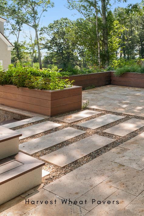 Two Tone Concrete Patio, Stone And Paver Patio, Sandstone Pavers Patio, Concrete And Stone Patio, Travertine Walkway, Outdoor Front Entrance Ideas, Beige Pavers, Laundry Garden, Backyard Redesign