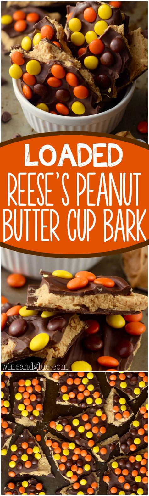 This Loaded Reese's Peanut Butter Cup Bark is BURSTING with the perfect flavor combo, but it's a bark, so it's way easy!: Reeses Bark Recipes, Peanut Butter Halloween Desserts, Reese’s Peanut Butter Bark, Reese’s Bark, Reeses Christmas Gift Ideas, Reese’s Pieces Recipes, Reeses Bark, Reese Dessert, Peanut Butter Bark