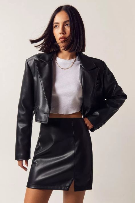 Cropped Faux Leather Jacket | Nasty Gal Cropped Faux Leather Jacket, Military Jacket Green, Tiktok Outfits, Borg Jacket, Faux Leather Mini Skirt, Petite Skirt, Faux Leather Fabric, Faux Leather Jacket, Leather Mini Skirts