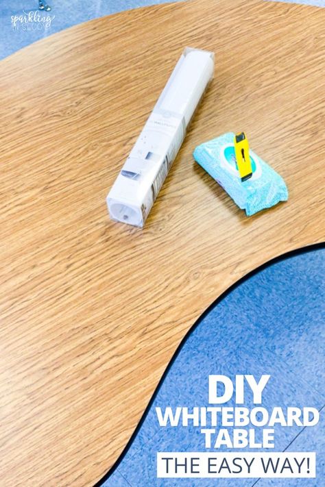 A classroom table holds the supplies for creating a whiteboard table. Whiteboard Classroom, Whiteboard Table, Diy Whiteboard, Kidney Table, Classroom Table, Classroom Whiteboard, Classroom Tables, Student Desks, Diy Classroom