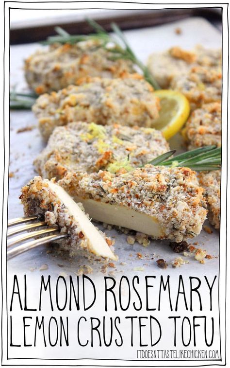 Almond Rosemary Lemon Crusted Tofu! This crispy, crunchy, crusted tofu is the perfect vegan main. Delicious served with a side of greens and a potato, or wonderful sliced and placed on top of a salad. Easy to make and even easier to enjoy! #itdoesnttastelikechicken #veganrecipe #tofurecipe #veganmain Crusted Tofu, Tofu Recipes Vegan, Salad Easy, Tofu Recipe, Baked Tofu, A Potato, Recipes Vegan, Tofu Recipes, Vegan Life