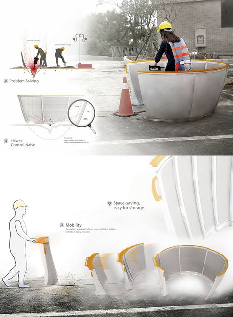 The 'Noise Collecting Barrier' may just as well be the most necessary product in our lives, it isolates and redirects all construction/destruction related  noise with its parabolic design... READ MORE at Yanko Design ! Future Product Design, Presentation Board Design, Social Innovation, Design Café, Model House Plan, Industrial Design Sketch, Id Design, Yanko Design, Futuristic Technology