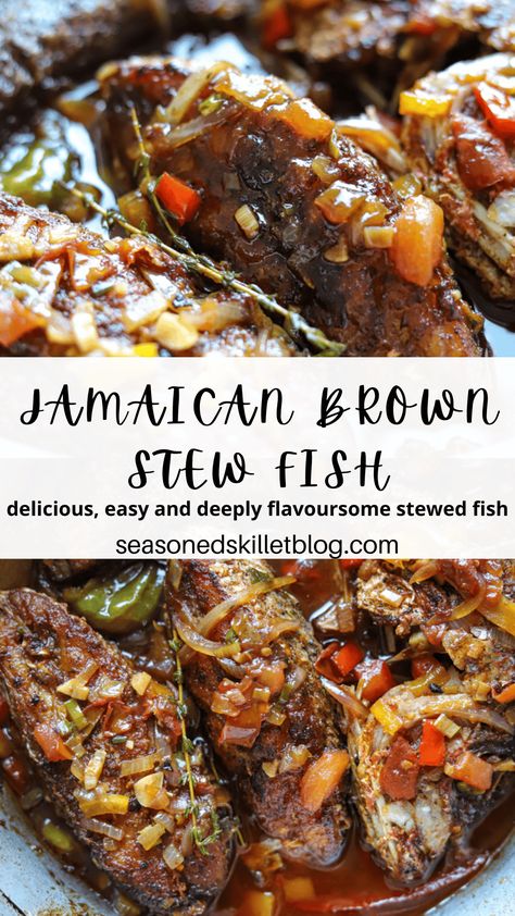 Brown Stew Salmon Jamaican, Jamaican Cod Fish Recipes, Stew Fish Carribean, Jamaican Brown Stew Fish Recipes, Caribbean Fish Stew, Jamaican Brown Stew Fish, Fish Soup Recipe Jamaican, Jamaican Stew Fish, Jamaican Snapper Recipes