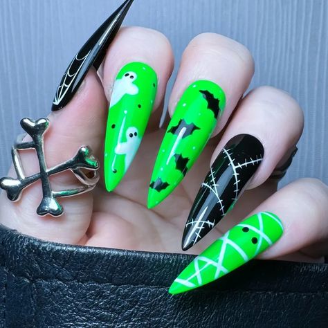 75 Green Halloween Nails: Spooky Designs For Almond, Coffin, And Square Styles 3 Halloween Rave Nails, Neon Green Nails Halloween, Monster Nail Art, Lime Green Halloween Nails, Neon Green Halloween Nails, Green And Black Halloween Nails, Green Halloween Nail Designs, Purple And Green Halloween Nails, Neon Halloween Nails