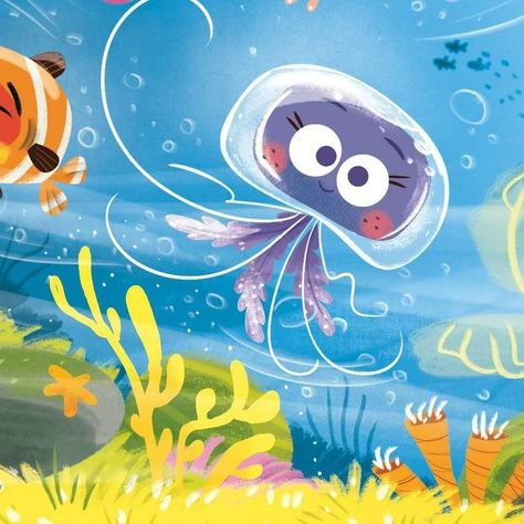 Jellyfish Illustration Cute, Octopus Illustration Cute, Cute Octopus Illustration, Undersea Illustration, Jellyfish Illustration, Octopus Illustration, Bawah Air, Illustration Art Kids, Kindergarten Design