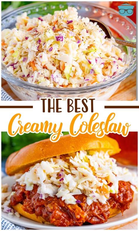 The best Creamy Coleslaw recipe tastes just like the one you get at KFC (but better !)and it only takes a few minutes to make! Best Creamy Coleslaw Recipe, Salads For One, Best Coleslaw Dressing Recipe, Balsamic Coleslaw Recipe, Diy Coleslaw, Best Cole Slaw Recipe, Bbq Coleslaw Recipe, Coleslaw Recipe For Pulled Pork, Best Coleslaw Dressing