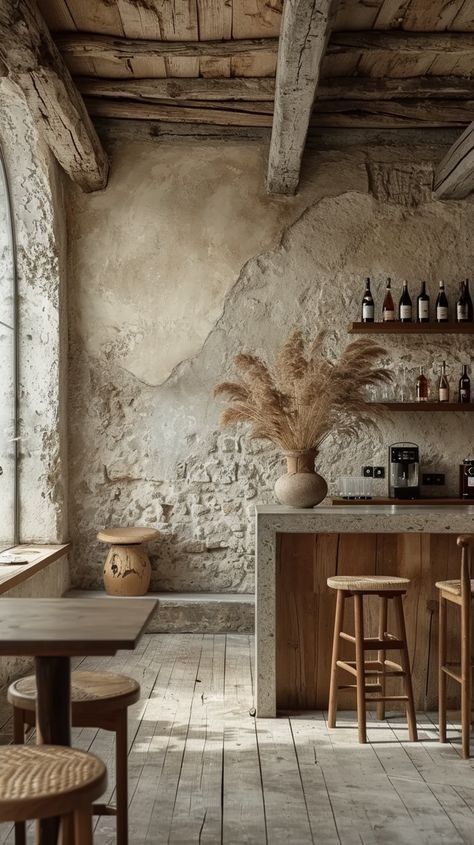 Wabi Sabi Kitchen, Rustic Cafe, Stone Interior, Coffee Shop Aesthetic, Rustic Italian, Rustic Stone, Stone Cottage, Mediterranean Home, Kitchen Trends