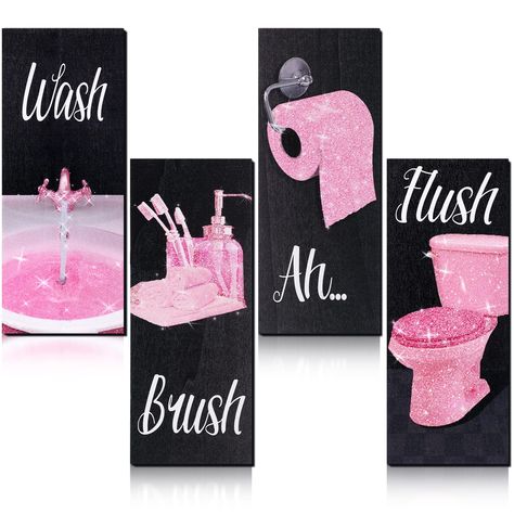 PRICES MAY VARY. Pink Bathroom Decoration: the package content contains 4 pieces of stylish wall art bathroom decors in different styles, beautiful and elegant, sufficient quantity and various patterns can support your daily use and replacement needs, helping you enjoy leisure shower time or bath time Pink Glitter Bathroom Decor: these modern women funny bathroom decors are decorated with pink glitter decor, and printed with letters of [Flush], [Ah], [Brush], [Wash], funny and noticeable; These Bathroom Decor Glam, Pink Apartment Decor, Pink And Black Bathroom, Glam Bathroom, Bathroom Wood, Black Bedroom Decor, Pink Bathroom Decor, Bathroom Wall Hanging, Girly Apartment Decor