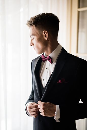 Burgundy Bow Tie Wedding, Black Tux Burgundy Tie, Black Suit With Bow Tie Wedding, Black Suit Burgundy Bow Tie, Black And Burgundy Groomsmen, Black Bow Tie Outfit Men, Black Tux With Burgundy, Black On Black Tuxedo Wedding, Black Suit Burgundy Tie