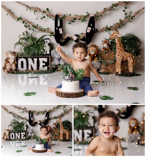 Jungle Cake Smash, Safari Cake Smash, Boy Birthday Pictures, Newborn Cake, Boys First Birthday Cake, Safari Cake, Cake Smash Theme, Jungle Safari Birthday, Michelle Lee