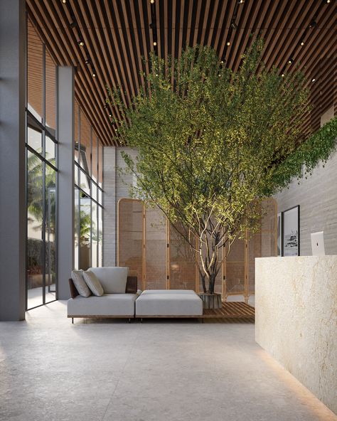 ALIVE on Behance Green Lobby, Green Entrance, Japanese Home Interior, Trade Show Design, Lobby Reception, Entrance Lobby, Modern Reception, Office Lobby, Lobby Lounge