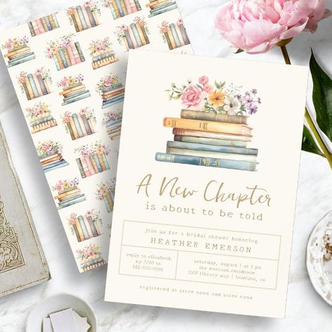 Floral Books Bridal Shower Invitation A New Chapter Begins Bridal Shower Theme, Book Themed Bridal Shower Ideas Decor, Bridesmaid Proposal Book Theme, Library Watercolor, Fairytale Bridal Shower, Bookish Wedding, Stacks Of Books, Book Themed Party, Bespoke Invitations