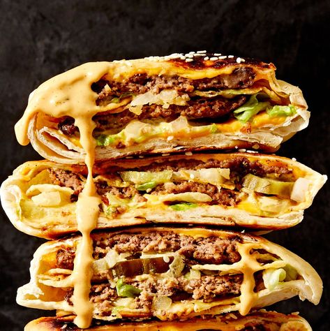 Big Mac Crunchwrap Breakfast Crunchwrap, Crunchwrap Recipe, Crunch Wrap, Apples And Cheese, Whipped Feta, Holiday Snacks, Sweet Pickles, Big Mac, Ground Beef Recipes