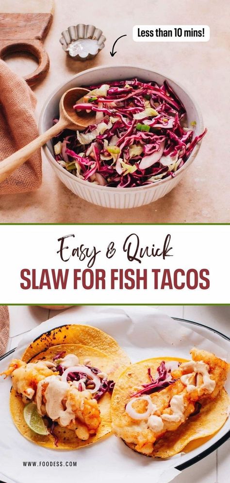 This cabbage slaw recipe for fish tacos is a must-try for anyone who loves a refreshing and crunchy topping on their tacos! It's super easy to make and adds a great contrast to the soft texture of the tortilla and the fish. With its crunchy, cooling, and tangy flavor, you won't be disappointed. This slaw recipe can also be served as a side dish to other mexican recipes. For the full recipe and a video tutorial, check out my blog. Recipe Fish Tacos, Fish Tacos With Cabbage Slaw, Slaw For Tacos, Tacos With Cabbage Slaw, Slaw For Fish Tacos, Fish Tacos With Cabbage, Cabbage Slaw Recipes, Easy Fish Tacos, Recipes Fish