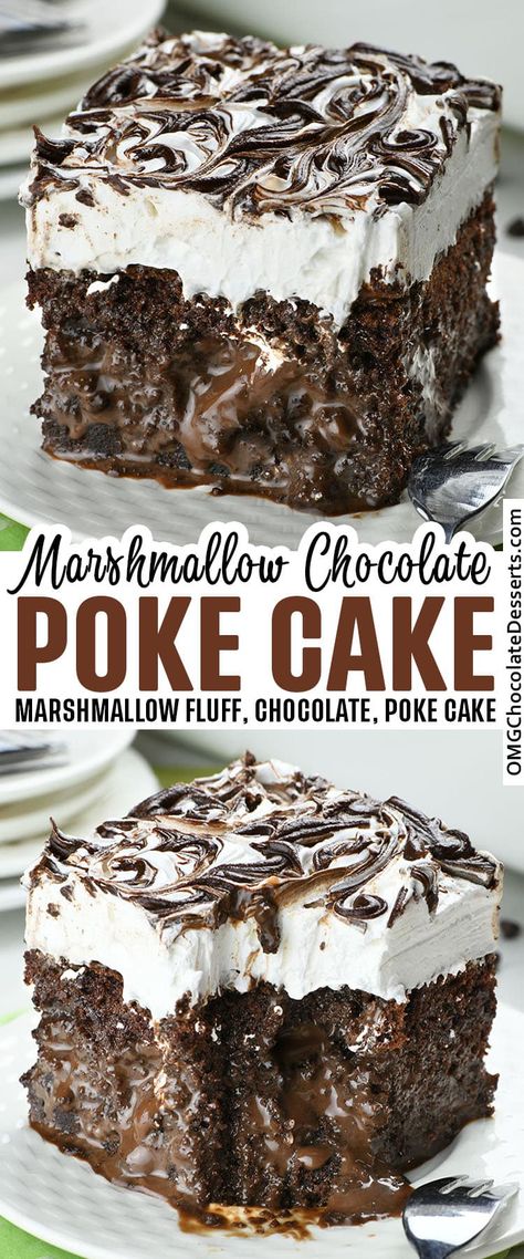 Marshmallow Chocolate Poke Cake is decadent chocolate cake infused with sweetened condensed milk chocolate ganache mixture, covered with marshmallow whipped cream and more chocolate ganache swirled on top. #marshmallow #chocolate #poke #cake Good Desserts To Make, Marshmallow Chocolate, Chocolate Poke Cake, Poke Cake Recipes, Decadent Chocolate Cake, Poke Cakes, Chocolate Dessert Recipes, Poke Cake, Desserts To Make