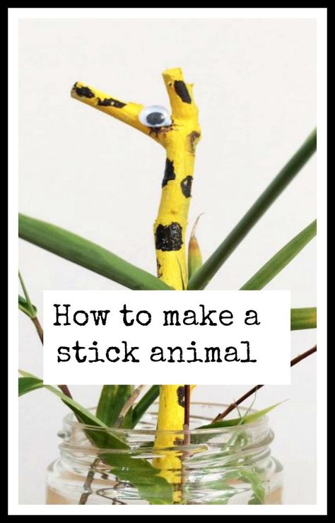 How to make a stick animal. If you love to nature craft then I bet you have already looked at sticks and thought hmm what can i make with that. crafting with sticks is so much fun and they make the best craft animals. This is Geraldine the Giraffe Craft. Nature crafting is the best thrifty craft there is! Forest Animal Stem Activities, Wild Animals Activity, Stick Insect Craft, Easy Forest School Activities, Stick Animals, Painted Stick Nature Craft, Giraffe Craft, Nature Crafting, Craft Animals