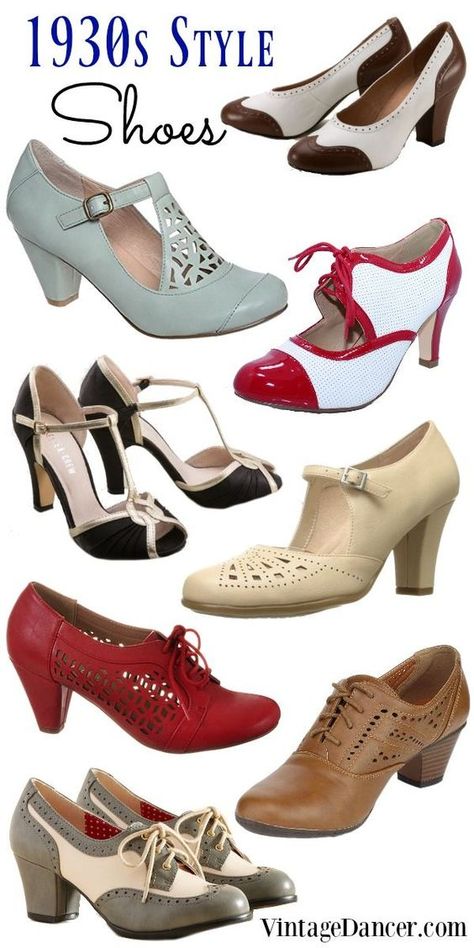 1930s shoes, 1930s style shoes, thirties shoes, vintage inspired 30s heels and oxfords at http://vintagedancer.com 1930s Shoes, Mode Rockabilly, 1930s Style, 30s Fashion, Look Retro, Retro Mode, 1930s Fashion, فستان �سهرة, Moda Vintage