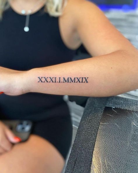 Roman Numeral Birthday Tattoo, Roman Numeral Tattoo Arm, Roman Numeral Wrist Tattoo, Numeral Tattoo Ideas, Roman Numeral Tattoo Ideas, Roman Numeral Date Tattoo, Roman Numbers Tattoo, Birthdate Tattoo, Side Wrist Tattoos