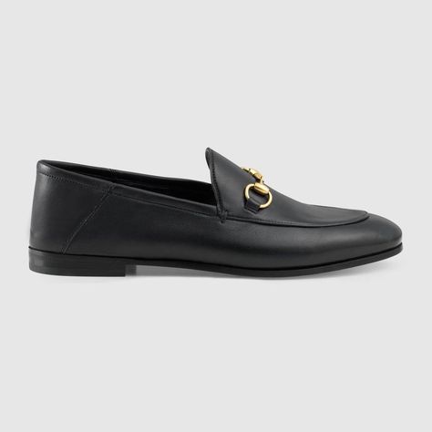 Shop the Leather Horsebit loafer by Gucci. Made from incredibly soft and supple leather, this loafer is designed to be worn with the heel folded down as a slipper or up as a loafer. Gucci Brixton, Womens Loafer, Gucci Brixton Loafer, Horsebit Loafers, Gucci Store, Gucci Gifts, Gucci Loafers, Loafers Style, Gucci Leather