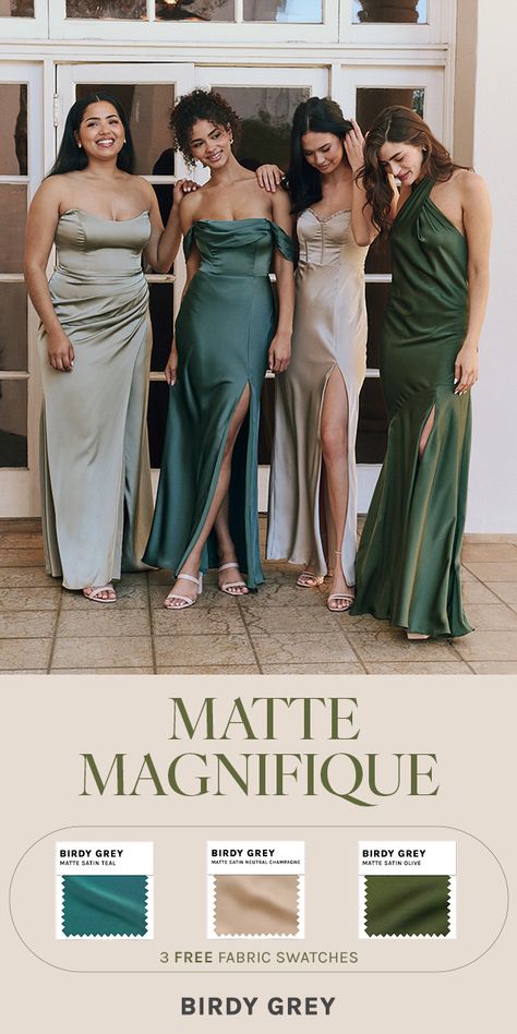 Introducing our luxe matte satin! Order your 3 free swatches today. Bridesmaid Dresses August, Skyrim Wedding, Bridesmaid Palette, Brazil Wedding, Wedding Pallet, Outdoorsy Wedding, Bridesmaid Dress Color, Bm Dresses, Bridesmaid Colors