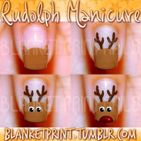 Nail Design Idea for Christmas - Rudolph Manicure - AllDayChic Nail Top Coat, Christmas Nail Designs Easy, Ikea Baby, Christmas Nail Art Easy, Nail Base Coat, Idea For Christmas, Print Nails, Reindeer Antlers, Xmas Nails