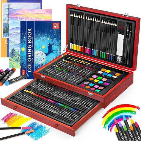 【Premium Quality, Deluxe Art Kit】The Deluxe art case has everything you need to get started creating in a compact wooden case! You can begin drawing, coloring and painting as soon as you open the box. Specially designed with 2 big sketchbooks, 1 coloring book, 1 Gift Box. Great art set for any level of artist. This art case makes a great Gift for adults and kids, girls and boys, they are going to have so much fun!
【Well Packed in Gift Box】 Wooden Art Box, Beginning Drawing, Drawing & Painting Kit, Drawing And Watercolor, Cool Drawing Ideas, Crafts Drawing, Sketching Tools, Play Kitchen Sets, Watercolor Books