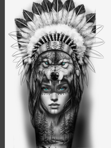 Indian Women Tattoo, Tattoo Sketch Art, Native American Tattoo Designs, Headdress Tattoo, Cute Tattoo Ideas, Leg Sleeve Tattoos, Leg Tattoo Ideas, Fox Tattoo Design, Koi Tattoo Design