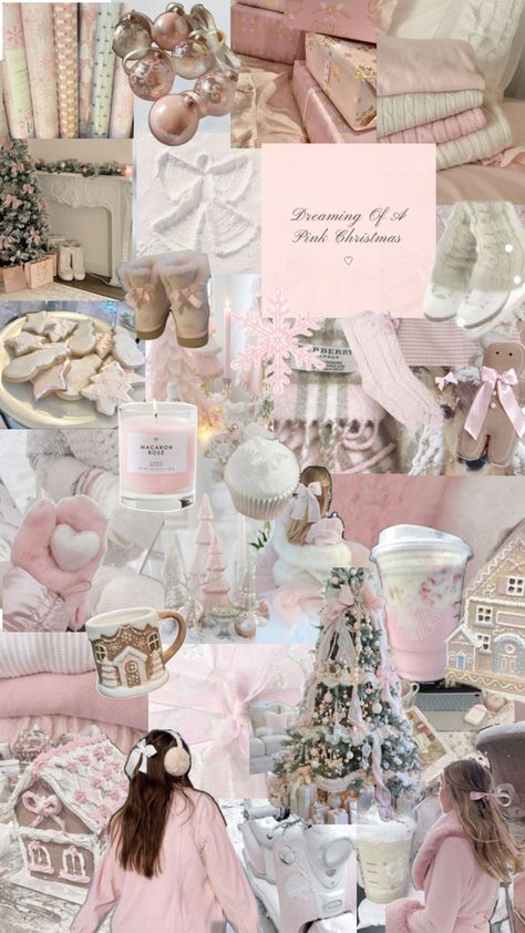 Girlie Christmas Aesthetic, Pink Winter Background Wallpapers, Cute Pink Winter Wallpaper, Pink Christmas Wallpaper Collage, Christmas Wallpaper Clean Girl, Pink Christmas Room Decor Aesthetic, Pink Christmas Collage Wallpaper, Pink Christmas Room Aesthetic, Winter Girly Aesthetic