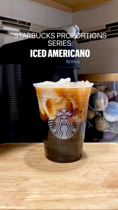 Starbucks Proportions Series: Iced Americano

Syrup ( if using):
 • Tall: 3 pumps (1.5 tbsp)
 • Grande: 4 pumps (2 tbsp)

Venti: 6 pumps (3 tbsp)

Espresso:
 • Tall: 2 shots
 • Grande: 3 shots

Venti: 4 shots

Water:
 • Tall: ~ 5oz
 • Grande: ~ 7oz
 • Venti: ~12oz Ice Americano Recipe, Americano Starbucks Drinks, Starbucks Americano Drinks, Starbucks Iced Americano, Iced Americano Starbucks, Iced Americano Recipe, Americano Recipe, Drink Hacks, Best Starbucks Drinks