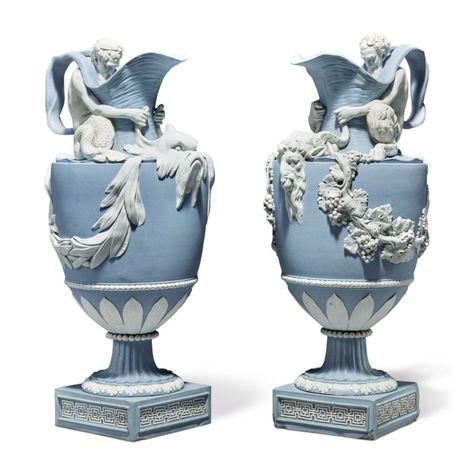 A PAIR OF WEDGWOOD BLUE AND WHITE JASPERWARE 'WATER' AND 'WINE' EWERS CIRCA 1785-90 | Wedgwood and Beyond: English Ceramics from the Starr Collection | Ceramics & Glass | Sotheby's Wedgewood China, Wedgwood Pottery, Wedgwood Blue, Ceramic Artwork, Water Into Wine, Stoneware Vase, October 23, Antique Porcelain, Grape Vines