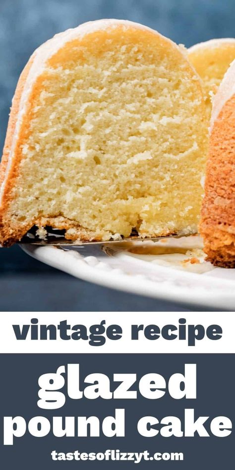 7 simple ingredients make up this classic, old fashioned pound cake. It's thick and rich with a golden interior. Top with a sweet vanilla glaze for a simple dessert. Old School Cake Recipes, Pound Cake Glaze Recipe, Glazed Pound Cake, Pound Cake Icing, Bundt Cake Glaze, Bunt Cake Recipe, Pound Cake Glaze, Old Fashioned Pound Cake, Golden Interior