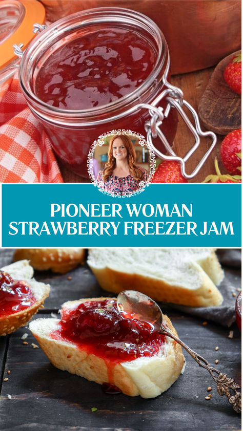 Pioneer Woman Strawberry Freezer Jam Pioneer Woman Strawberry Jam, Strawberry Jam Small Batch, Certo Strawberry Freezer Jam, Sure Gel Strawberry Freezer Jam, Freezer Jam Strawberry No Pectin, Surejell Strawberry Freezer Jam Recipe, Strawberry Canning Ideas, Strawberry Jam Using Frozen Strawberries, Frozen Fruit Jam Recipes