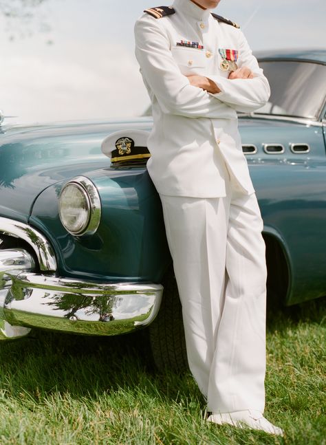 My groom a US Naval Officer and our wedding ride a vintage 1950's Buick Special. Naval Officer Uniform, Naval Officer Wedding, Navy Officer Aesthetic, Navy Officer Wedding, Seaman Wedding, Navy Military Wedding, Soldier Wedding, Navy White Uniform, Navy Military Weddings