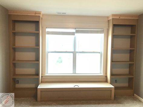 Window Bench Seat Depth, Built Ins On Vaulted Wall, Diy Bookcase Around Window, Built In Desk And Window Seat, Bookshelf Wall Around Window, Bookcase Bench, Built In Bookcases, Diy Window Seat, Built In Window Seat