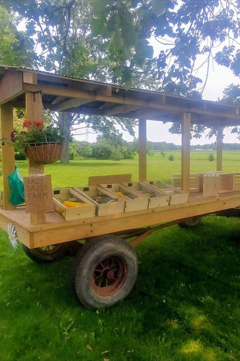 First year, veggie, plant and flower sales. July 2021 Veggie Stand Roadside Diy, Veggie Stand, Farm Market Ideas, Market Signage, Wagon Ideas, Hay Wagon, Roadside Stand, Farmers Market Stand, Farmers Market Display