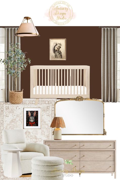 Ridley's nursery Nursery With French Doors, Nursery Brown Walls, Chocolate Brown Nursery, Brown Nursery Walls, Mid Century Nursery Neutral, Nursery At Grandmas House, Gender Neutral Nursery Paint Colors, Dark Brown Nursery, Dark Academia Nursery