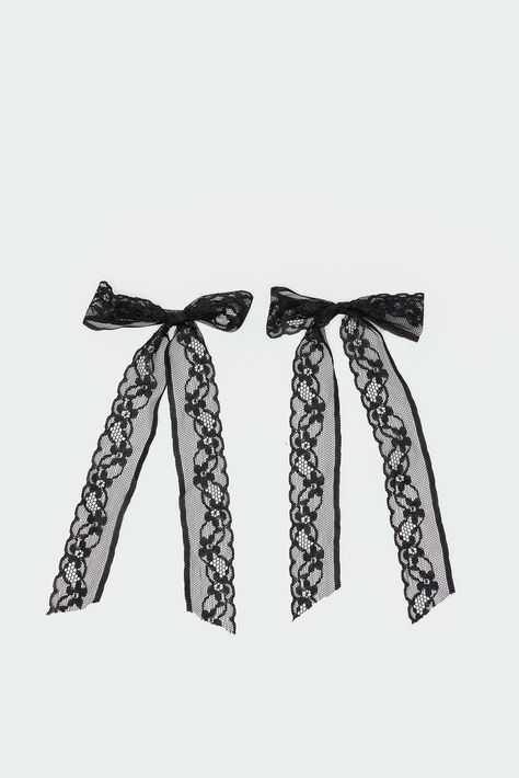 PRODUCT INFO Hair clips Bow design Pack of two Lace fabric Polyester Measurements (In): Length 7.5 Item care: Wash with similar color Fame Clothes, Cute Goth, Lace Accessories, Bow Hair Clip, Emo Outfits, Lace Bows, Bow Design, Bow Hair, Blackwork Tattoo