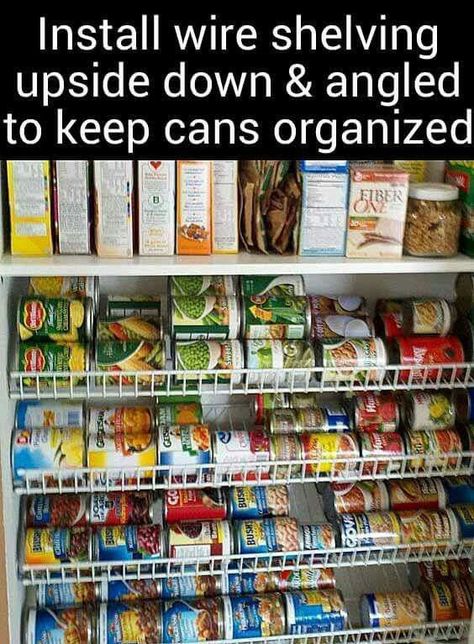 Install shelving upside down for cans #organization #pantry Pantry Shelf Organizer, Kitchen Pantries, Diy Pantry Organization, Getting Organized At Home, Organized Pantry, Diy Organizer, Pantry Shelving, Diy Pantry, Kitchen Pantry Storage