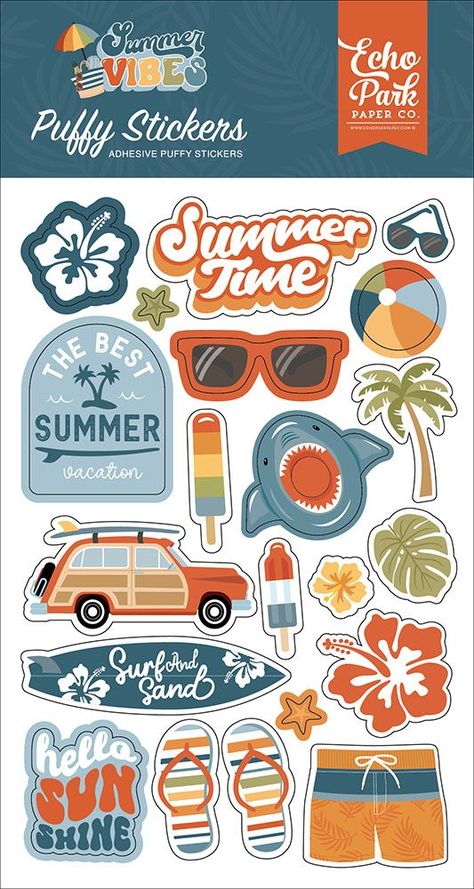 Echo Park - Summer Vibes Collection - Puffy Stickers Sticker #sticker Stickers #stickers freesticker #freesticker freestickers #freestickers free download sticker #freedownloadsticker 3.38 Summer Theme Design, Summer Stickers Aesthetic, Summer Stickers Printable, Summer Vibes Stickers, Cute Summer Stickers, Summer Scrapbook Ideas, Journalling Stickers, Vacation Stickers, Sticker Page